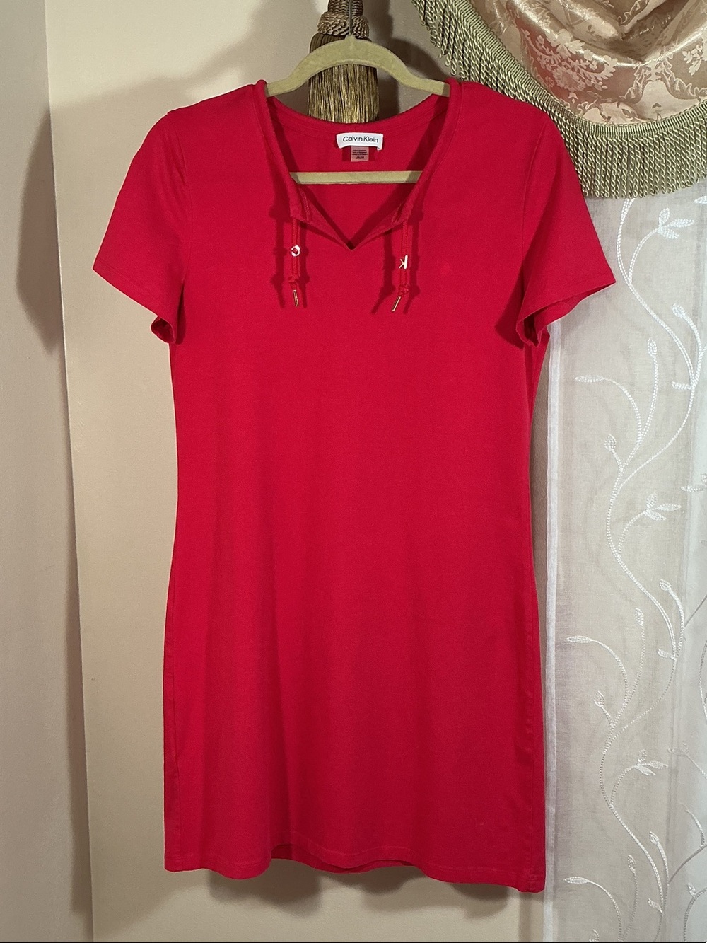 Calvin Klein Bright Red Short Sleeve Tie-Front Mini T-shirt Dress Sz M Cotton
